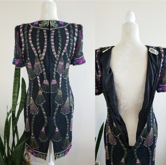 VTG 80s Sweelo Sequin + Bead Tassel Dress - Picture 4 of 8